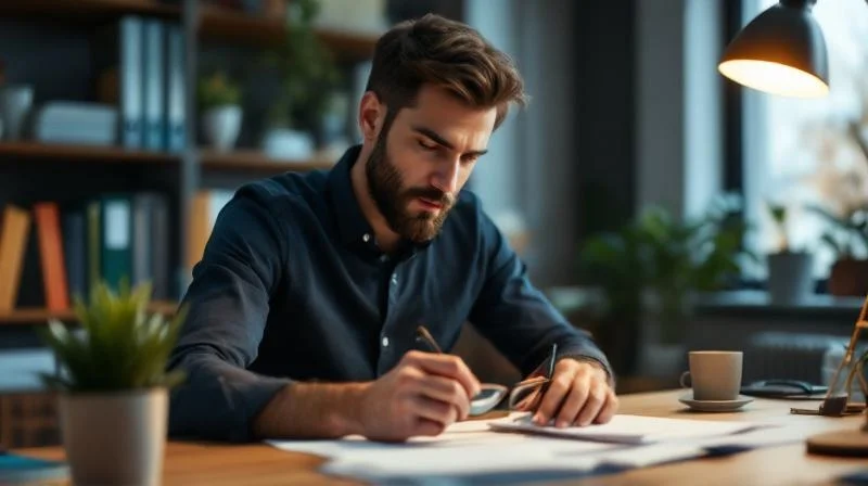 Frau liest Unterlagen zum Aufstiegs-BAföG am Kuechentisch in Essen