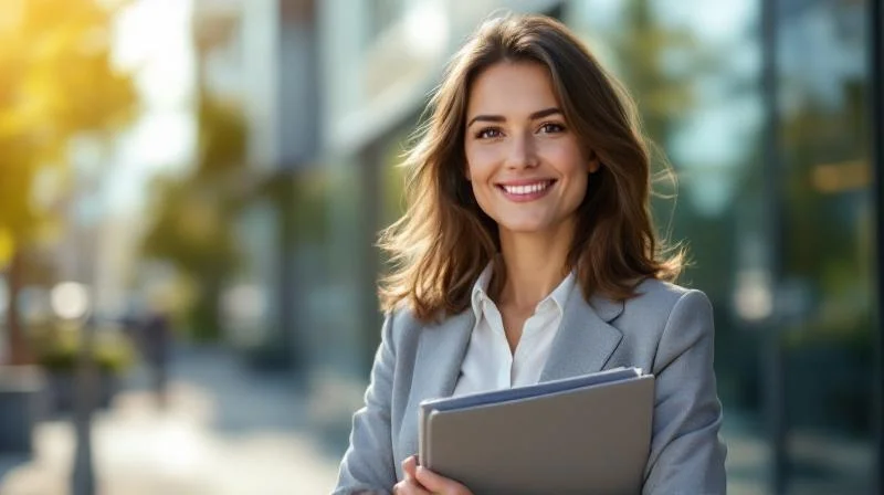 Frau hält Dokumente in der Hand vor einem modernen Bürogebäude in Essen