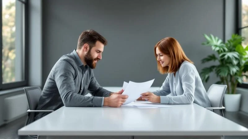 Mann und Frau besprechen Unterlagen in einem modernen Büro in Essen