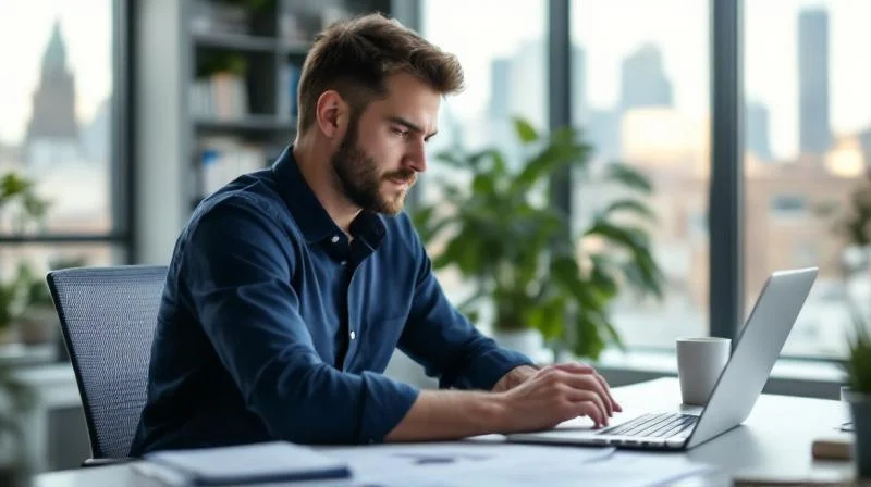 Mann studiert Karriereoptionen am Laptop in einem modernen Büro in Essen
