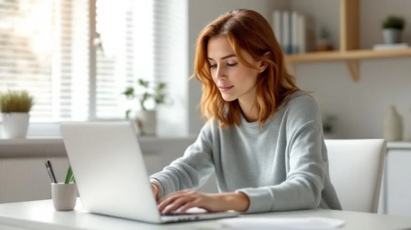 Frau arbeitet am Laptop in einem modernen Coworking-Space in Essen