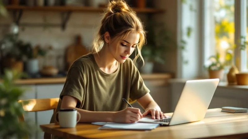 Frau lernt am Laptop in einem hellen Wohnzimmer in Essen