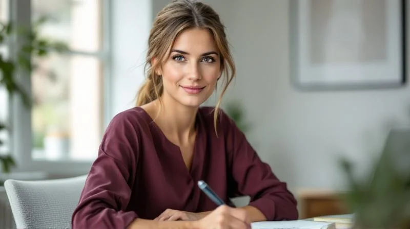 Berufstätige Frau am Schreibtisch mit Laptop in einem hellen Raum in Essen